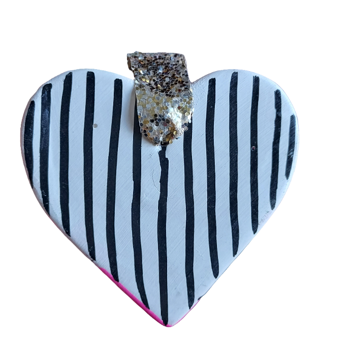 Neon Cat & Stripes Ceramic Heart Decoration - Hand Painted