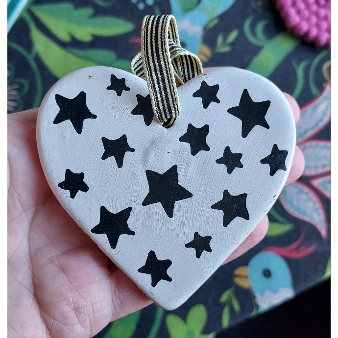 Neon Cat & Stars Ceramic Heart Decoration - Hand Painted
