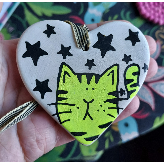 Neon Cat & Stars Ceramic Heart Decoration - Hand Painted