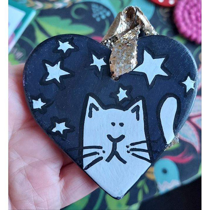 White Cat & Stars Ceramic Heart Decoration - Hand Painted