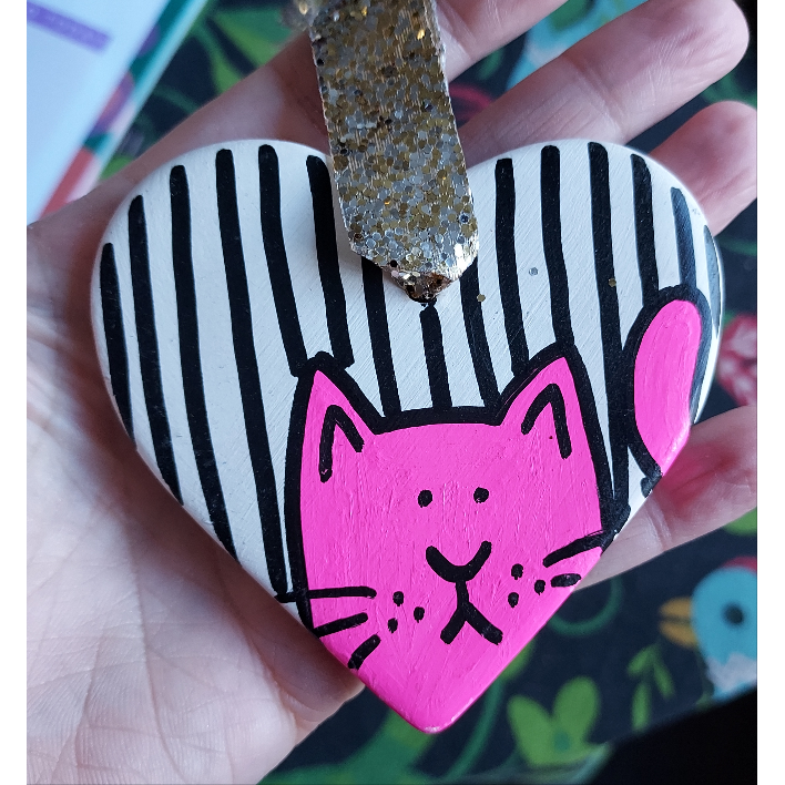 Neon Cat & Stripes Ceramic Heart Decoration - Hand Painted