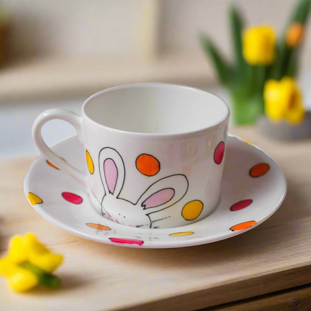 White rabbit easter teacup and saucer by Laura Lee Designs