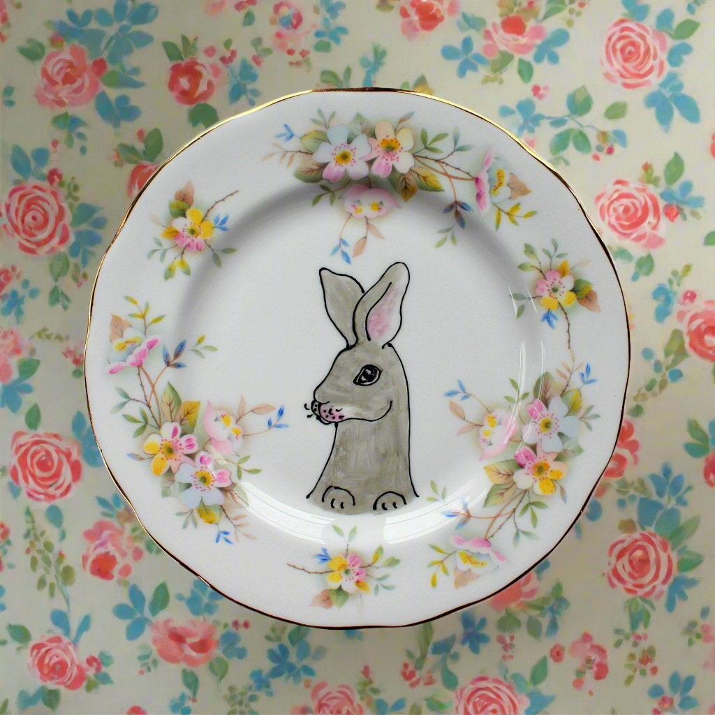 Grey Rex Rabbit Wall Plate - Plate No. 3 - The Vintage Pimp - Bunny - Hand Painted