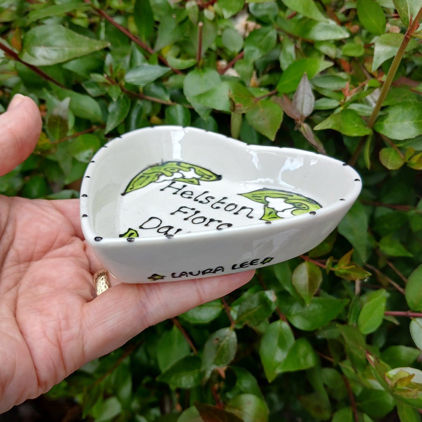 Dotty Helston Flora Day Heart Trinket Dish - Lily Of The Valley - Hand Painted - Ceramic