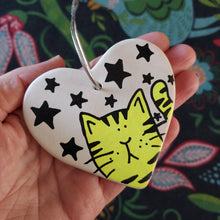 Load image into Gallery viewer, 2nds Sale - Neon Yellow Tabby Cat Heart - Hanging Decoration - Hand Painted