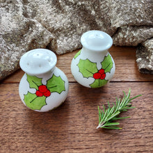 Load image into Gallery viewer, Salt and pepper pot set hand painted in holly and berries by Laura Lee Designs
