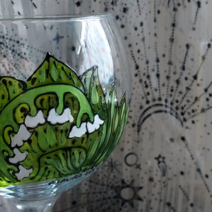 hand painted detail of Laura Lee Designs lily of the valley gin glass