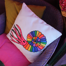 Load image into Gallery viewer, Ammonite cushion fun rainbow pillow by Laura Lee Designs 