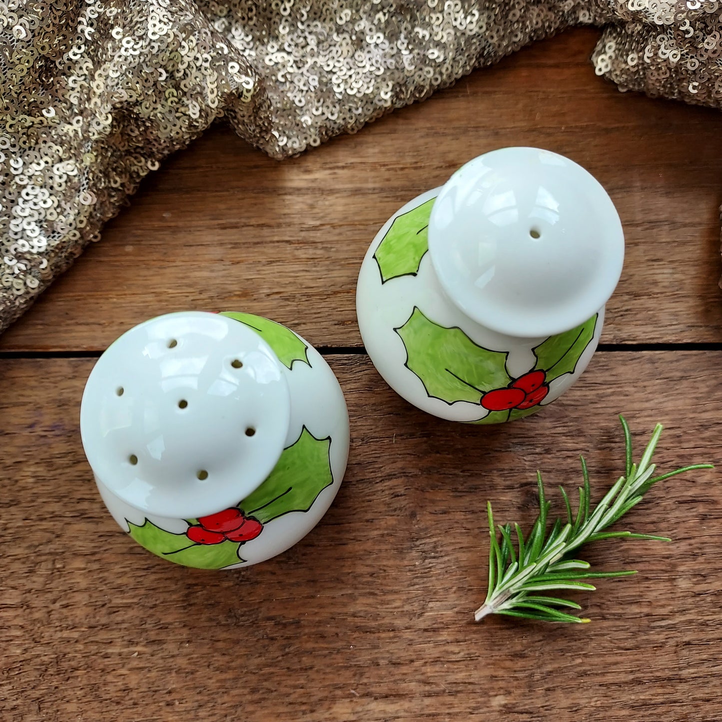 Holly Fine Bone China Salt And Pepper Pots Christmas Yule Laura Lee Designs