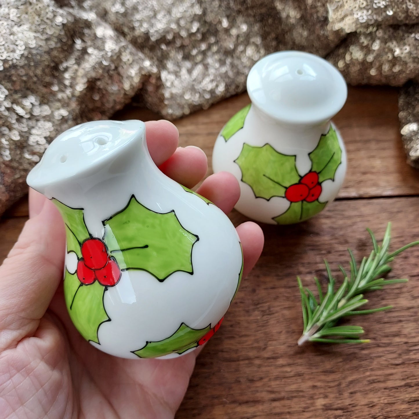 Holly Fine Bone China Salt And Pepper Pots Christmas Yule Laura Lee Designs