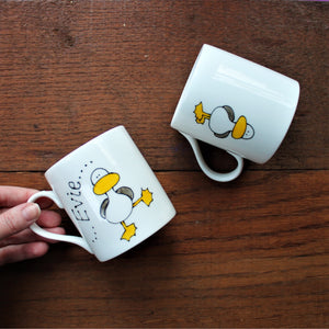 front and back of dancing bird mug by Laura Lee Designs Cornwall