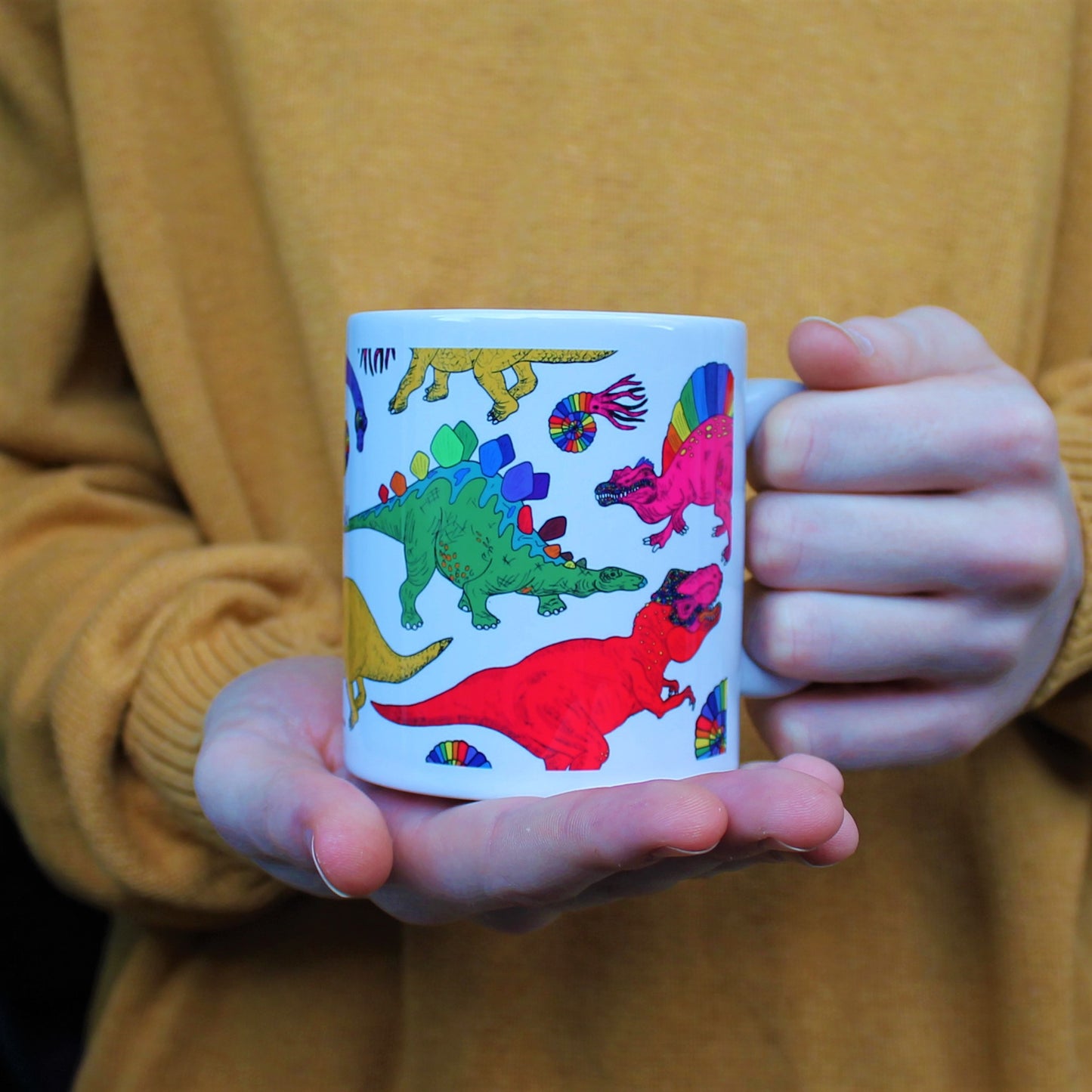 Rainbow dinosaur mug and matching box by Laura Lee Designs
