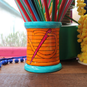 Orange sewing thread bobbin storage jar vase by Laura Lee Designs 