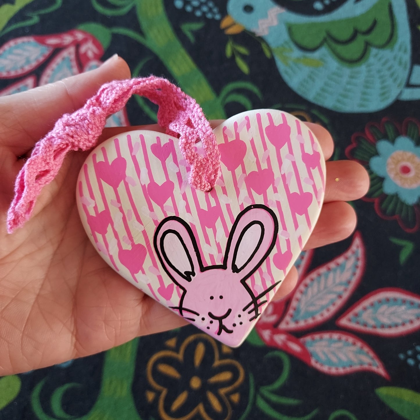 Laura Lee Designs Handpainted Ceramic Colourful Rabbit Bunny Hanging Heart Decoration