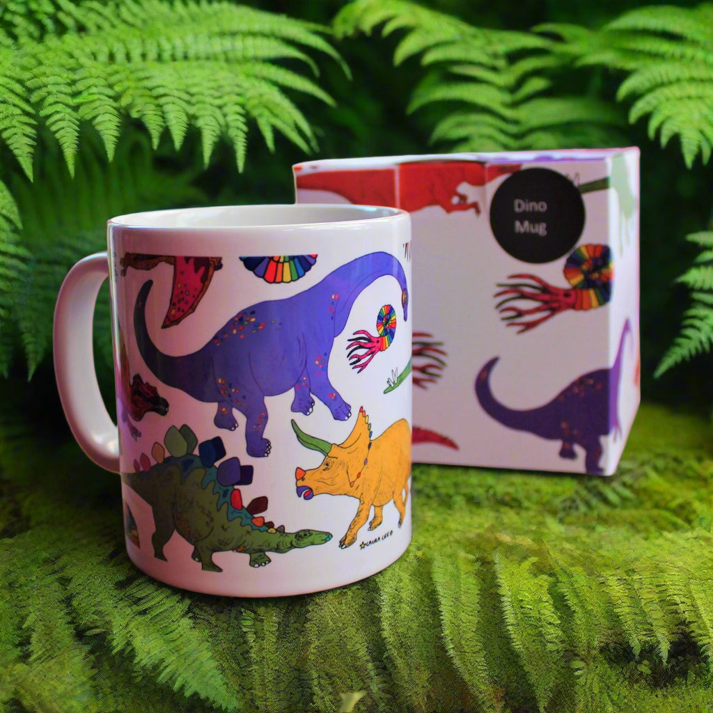 Rainbow dinosaur mug and matching box by Laura Lee Designs