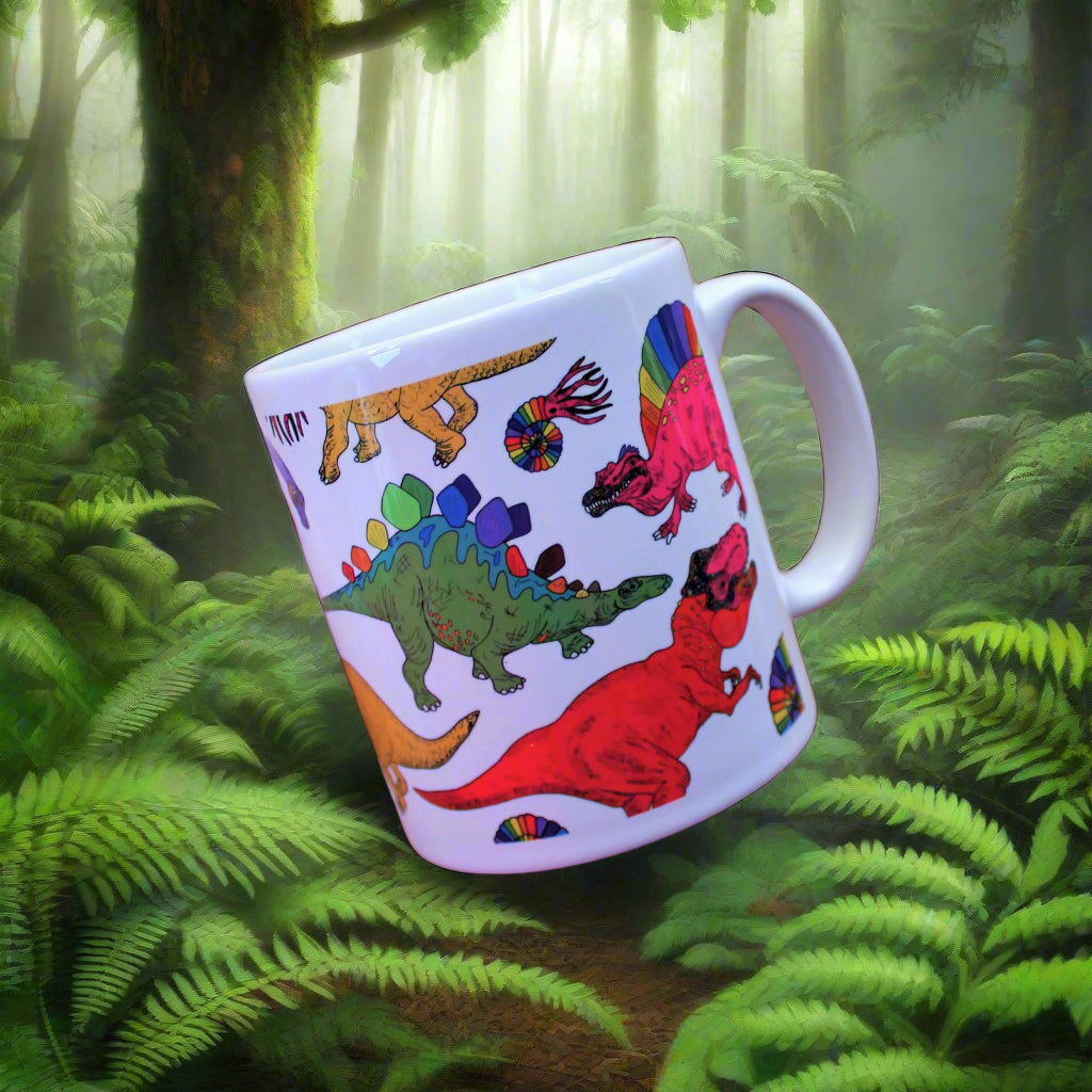 Rainbow dinosaur mug and matching box by Laura Lee Designs