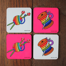 Load image into Gallery viewer, Gift set for knitters and sewers set of 4 colourful crafters coasters by Laura Lee designs Cornwall colourful homewares and gifts