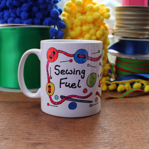 Colourful sewing machine sewing fuel crafters mug by Laura Lee Designs in Cornwall UK