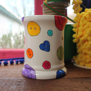 Colourful button storage by Laura Lee designs Cornwall Open topped china jar hand painted 