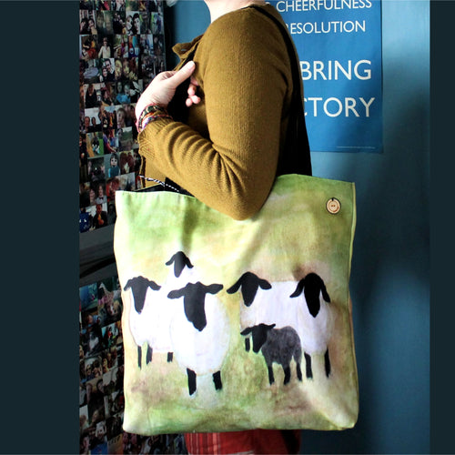 colourful watercolour sheep bag by Laura Lee Designs Suffolk sheep in a green meadow