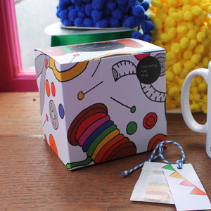 Colourful crocheters mug by Laura Lee Designs packed with a miniature sewing kit and matching box
