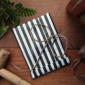Gardening note book gift wrap black and white stripe paper bag with coloured sticker Laura Lee Designs Cornwall