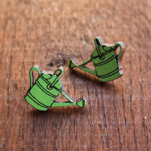 Load image into Gallery viewer, Green watering can stud earrings by Laura Lee Designs wood and stainless steel studs