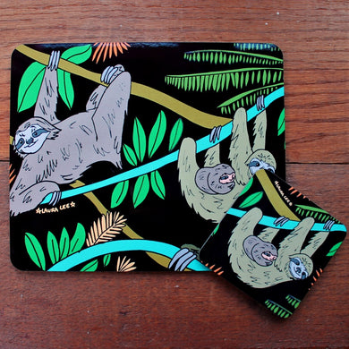 Sloth placemat and coaster gift set by Laura Lee Designs Cornwall
