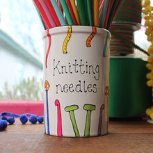 Load image into Gallery viewer, Knitting needles storage jar hand painted in colourful knitting needles and yarn
