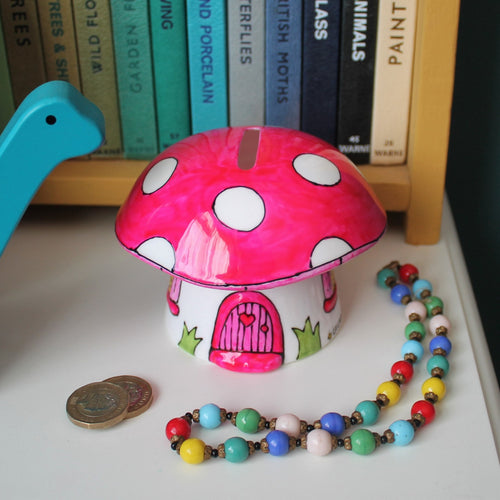 Pink toadstool mushroom money box hand painted fairy house piggy bank by Laura Lee Designs Cornwall