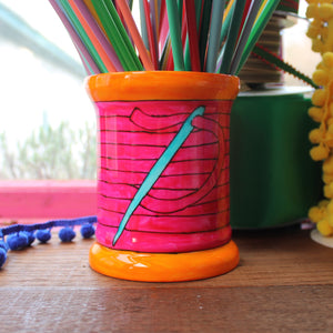 Pink sewing thread bobbin storage jar vase by Laura Lee Designs