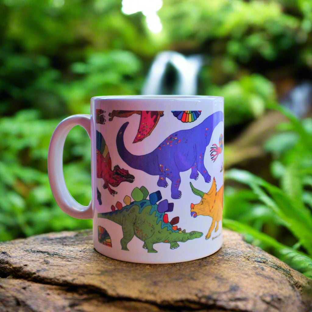 Rainbow dinosaur mug and matching box by Laura Lee Designs