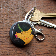 Load image into Gallery viewer, Rainbow triceratops keyring mustard yellow dinosaur by Laura Lee Designs 