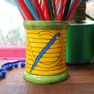 Yellow sewing thread bobbin storage jar vase by Laura Lee Designs