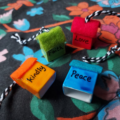 Sale 2nds - Miniature Houses - Kindly - Love - Peace - Faith - Colorful - Tree Ornaments