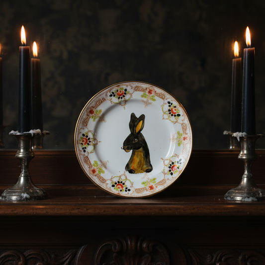 Decorative plate with a rabbit design on a dark background with candles