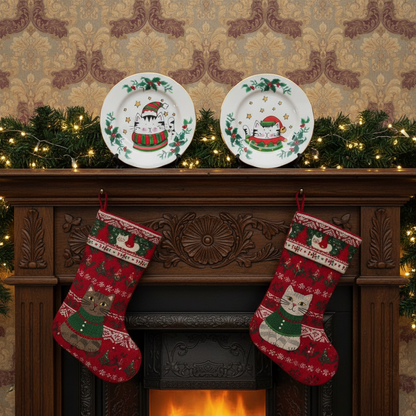 Two Christmas plates on a mantelpiece with stockings and a fireplace in the background.