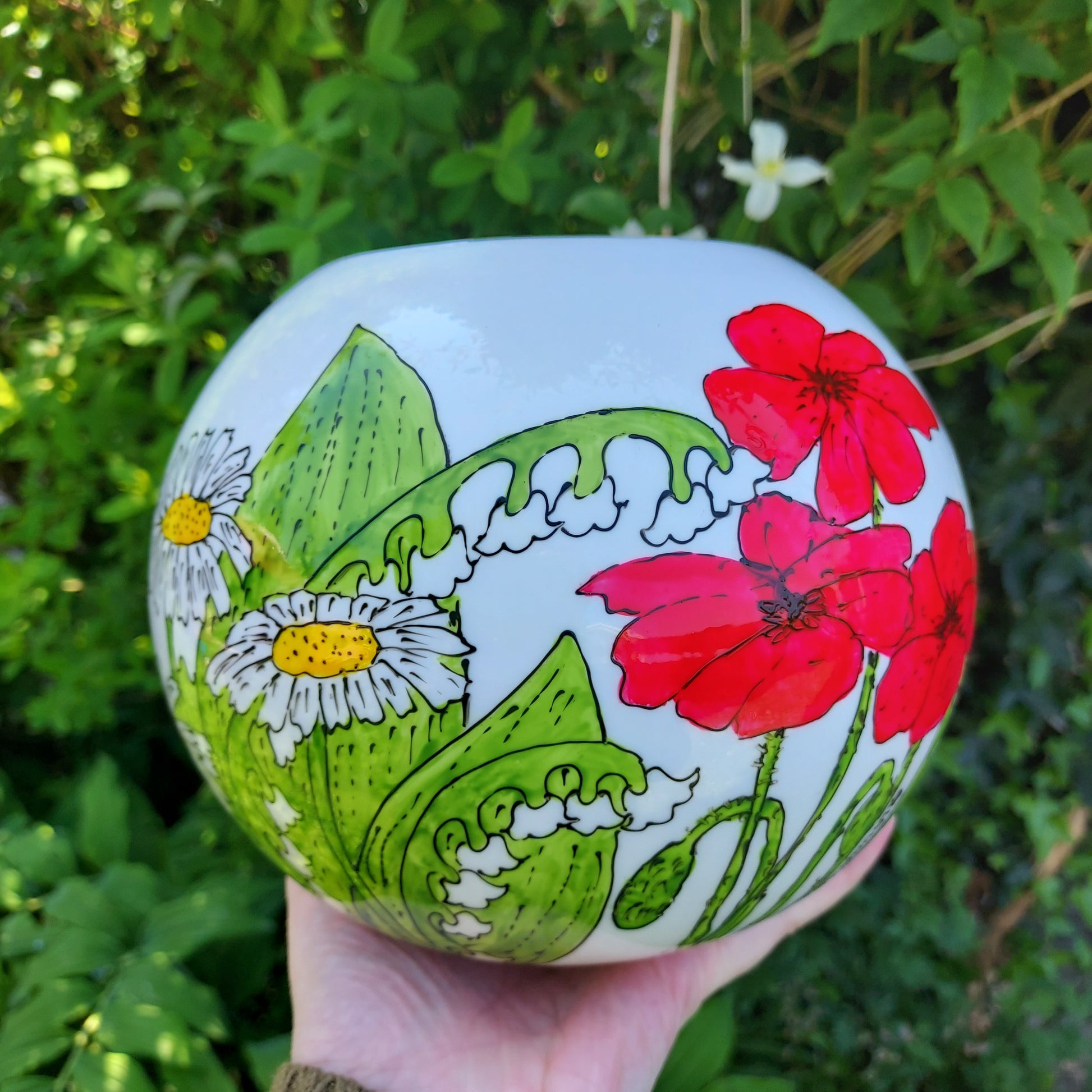 Floral globe vase hand painted fine china by Laura Lee Designs Cornwall
