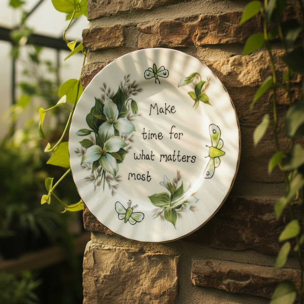 Decorative plate with floral design and motivational quote on a stone wall with plants.