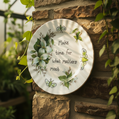 Decorative plate with floral design and motivational quote on a stone wall with plants.