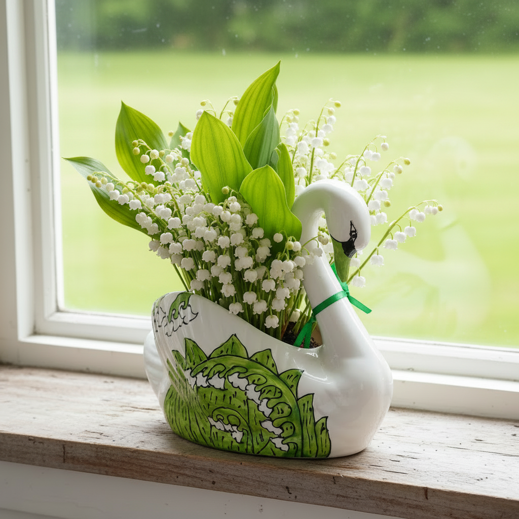 White swan vase with green accents holding flowers on a windowsill.
