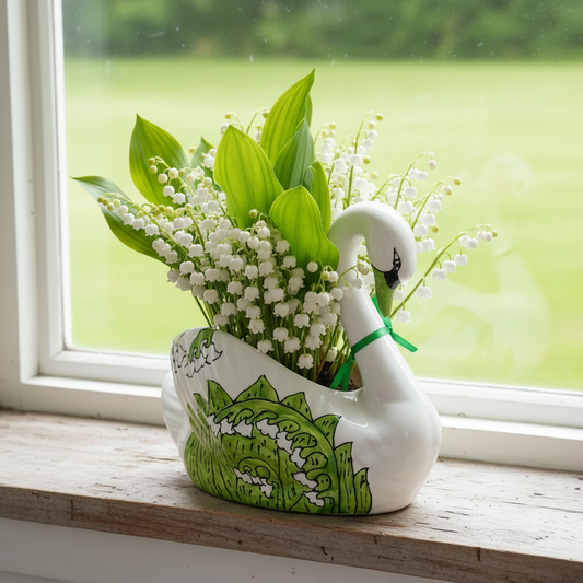 White swan vase with green accents holding flowers on a windowsill.