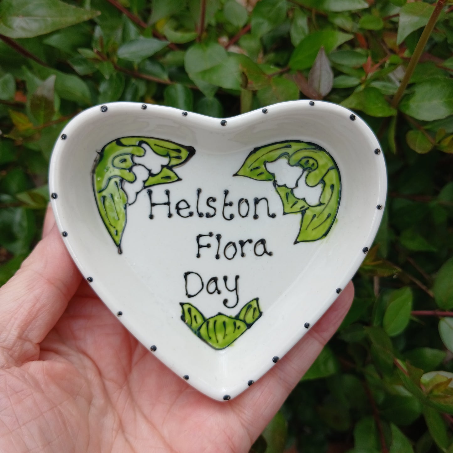 Dotty Helston Flora Day Heart Trinket Dish - Lily Of The Valley - Hand Painted - Ceramic