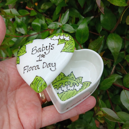 Baby's 1st Flora Day Heart Trinket Box - Lily Of The Valley - Hand Painted - Fine China