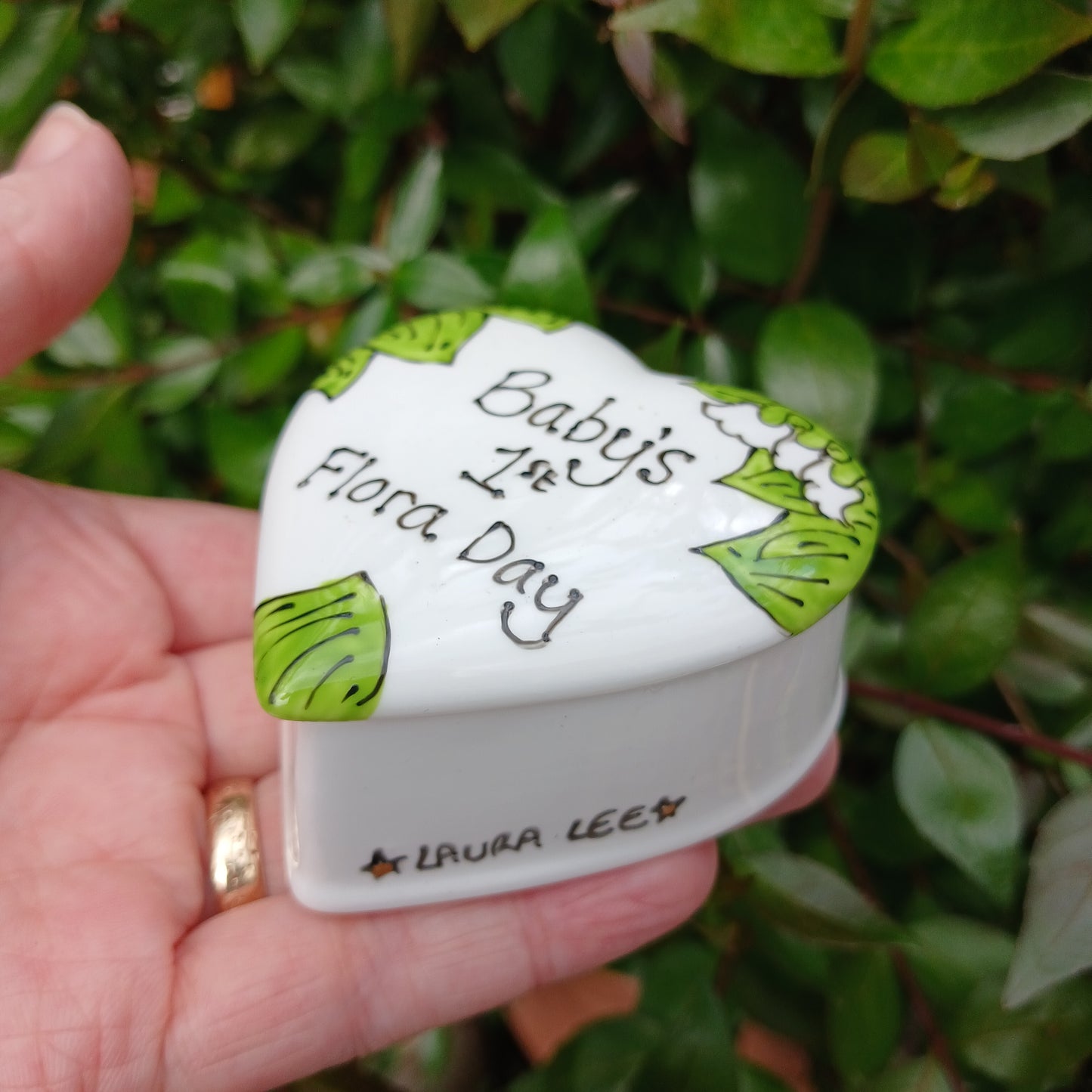 Baby's 1st Flora Day Heart Trinket Box - Lily Of The Valley - Hand Painted - Fine China