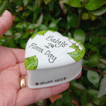 Baby's 1st Flora Day Heart Trinket Box - Lily Of The Valley - Hand Painted - Fine China