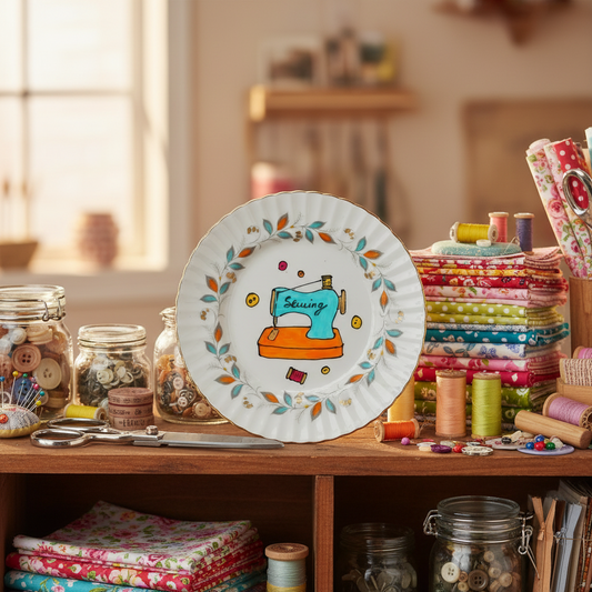 Decorative plate with sewing machine design on a sewing-themed shelf