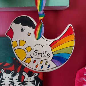 Smile Rainbow Bird - Hanging Decoration - Hand Painted