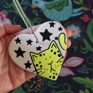 SALE - Cat Heart - Hanging Decoration - Hand Painted - Neon Yellow - Stars