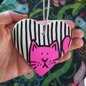 SALE - Cat Heart - Hanging Decoration - Hand Painted - Neon Pink
